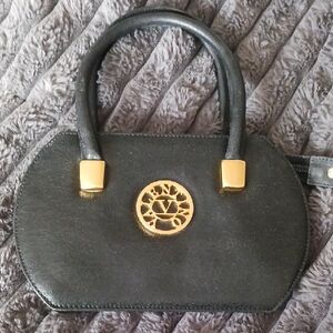 Garivanni Valentino Vintage Elegant Black Leatther Handbag with Gold Accents